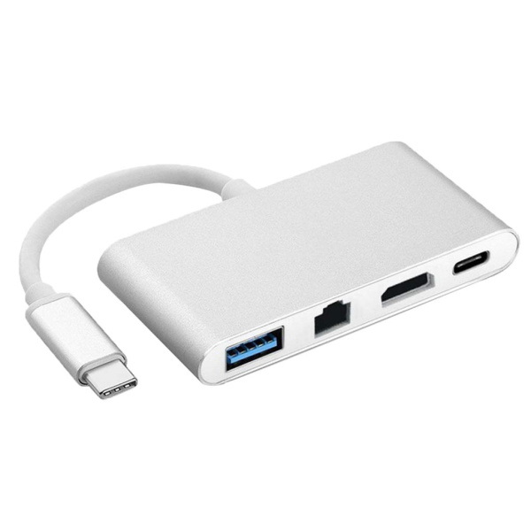 Адаптер - переходник - хаб 4in1 USB3.1 Type-C на HDMI - USB3.0 - USB3.1 Type-C - RJ45 (LAN) до 100 Мбит/с, серебро