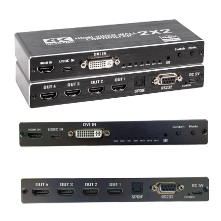 Контроллер видеостены HDMI v2.0 UltraHD 4K PRO на 4 экрана 2x2, оптика (Toslink/SPDIF), RS232, пульт ДУ
