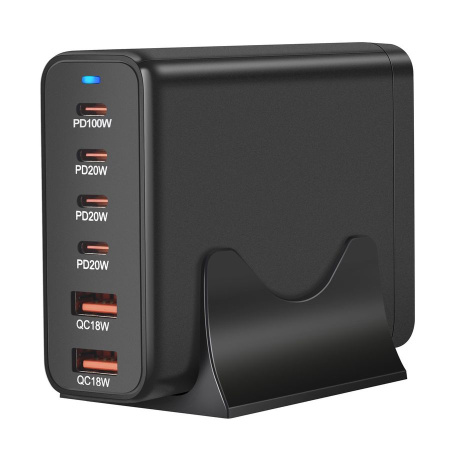 Настольное зарядное устройство - зарядная станция на 6 портов 200W USB-C / USB mod. 1006P200WB, быстрая зарядка, пластик, черный