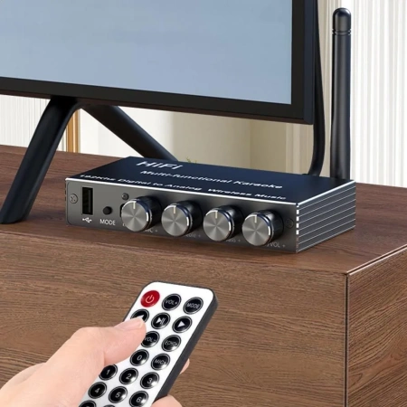 Аудио адаптер Hi-Fi J200 приемник (RX) Bluetooth v5.4 - оптика (Toslink/SPDIF) / AUX 3.5мм / RCA / USB, функция караоке (MIC 6,35мм), регулировка звука, тембра и громкости микрофона, пульт ДУ