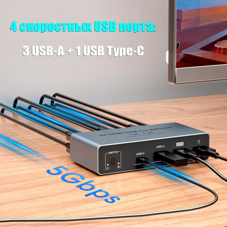 Адаптер - KVM-переключатель 2×2 HDMI v2.1 – 8K 60Гц / 4K 240 Гц, USB3.0, HDR, алюминий
