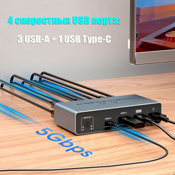 Адаптер - KVM-переключатель 2×2 HDMI v2.1 – 8K 60Гц / 4K 240 Гц, USB3.0, HDR, алюминий