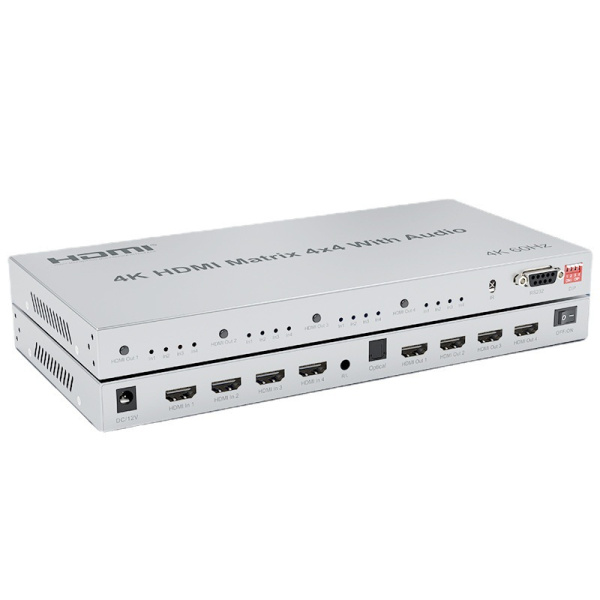 Матричный коммутатор - свитч-сплиттер 4×4 HDMI 4K60Гц PRO, jack 3.5mm, SPDIF/Toslink, RS232, EDID, пульт ДУ