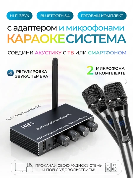 Караоке-система Аудио адаптер Hi-Fi J200, беспроводной микрофон DM-682, комплект: 2 микрофона + приемник