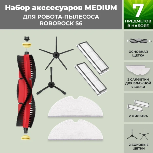 Набор аксессуаров Medium для робота-пылесоса Roborock S6, основная щетка с роликами, черные боковые щетки