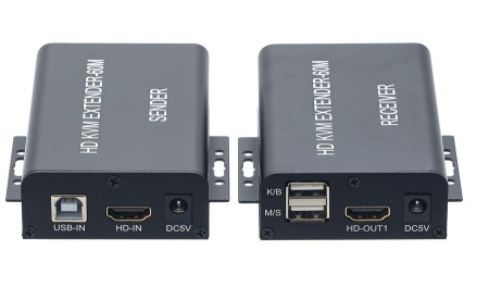 KVM-удлинитель HDMI USB по витой паре RJ45 UTP (LAN) до 60 метров, FullHD 1080p, комплект, с креплениями, черный