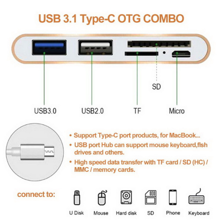 Адаптер - переходник USB3.1 Type-C - USB2.0 - USB3.0 - картридер TF/SD, серебро