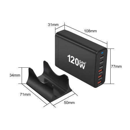 Настольное зарядное устройство - зарядная станция на 6 портов 120W USB-C / USB mod. 1006P120WB, быстрая зарядка, пластик, черный