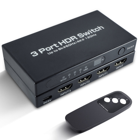 Адаптер - переключатель - свитч 3×1 HDMI 2.1 UltraHD 8K 60Гц, HDCP 2.3, пульт ДУ, активный, черный