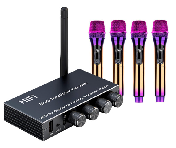 Караоке-система Аудио адаптер Hi-Fi J200, беспроводной микрофон DM-584, комплект: 4 микрофона + приемник, цветной