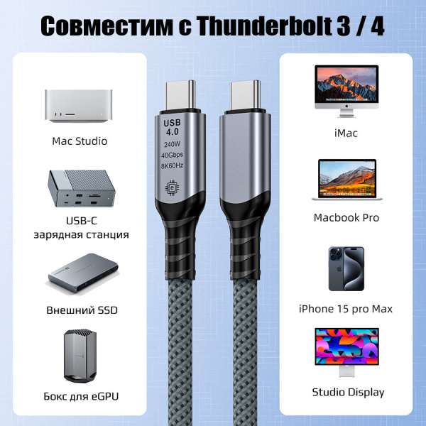 Кабель USB4.0 Type-C чип E-Marker, 8K 60Гц / 4K 144Гц, 40 Гбит/с, PD 240W (48V/5A), поддержка Thunderbolt 3/4, 1,5 метра