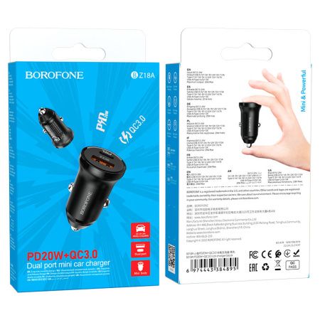 Автомобильное зарядное устройство USB BOROFONE BZ18A, 1 USB QC3.0 + 1 USB Type-C PD20W, черный