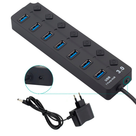 Хаб - концентратор USB3.0 - 7х USB3.0, MOD02 вертикальный с кнопками, активный, черный