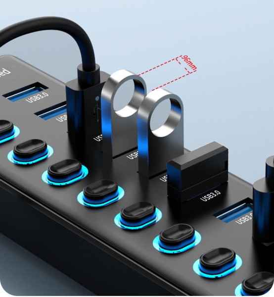 Хаб - концентратор USB3.0 11 портов mod. 611-7/4, до 5 Гбит/с, активный 12V3A с кнопками, быстрая зарядка, ABS-пластик