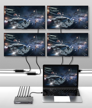 Разветвитель, сплиттер HDMI 1x4 FullHD 1080p до 60 метров - удлинитель сигнала по витой паре RJ45 UTP (LAN), ver.02, активный, комплект, черный