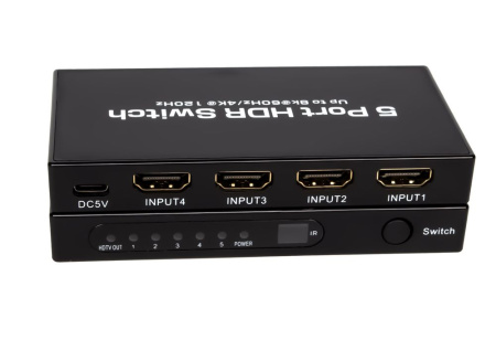 Адаптер - переключатель - свитч 5×1 HDMI 2.1 UltraHD 8K 60Гц, HDCP 2.3, пульт ДУ, активный, черный