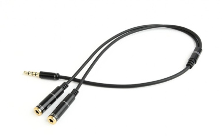 Кабель - разветвитель jack 3.5mm (AUX) на jack 3.5mm (AUX) - jack 3.5mm (MIC), папа-мама, 0,4 метра, черный