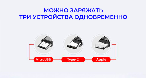 Универсальный зарядный кабель 3-в-1 USB Type-C - Lightning - MicroUSB, 3.1А, 1.2 метра, черный