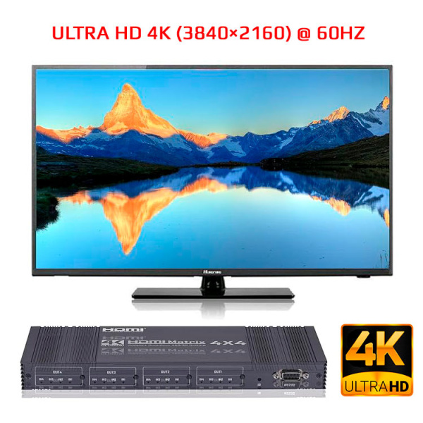 Матричный коммутатор (свитч-сплиттер) 4×4 HDMI v2.0b - 4K 60Гц, HDCP 2.2, HDR, EDID, RS232, бесшовное переключение, алюминий, пульт ДУ