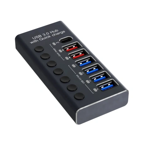 Хаб - концентратор USB3.0 / USB-C 7 портов mod. 985D-7, до 5 Гбит/с, активный 12V3A с кнопками, быстрая зарядка, алюминиевый корпус