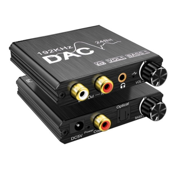Адаптер - переходник, аудио-преобразователь с оптики (Toslink/SPDIF) на jack 3.5mm (AUX) ver.02 PREMIUM, RCA, регулятор звука и баса, черный