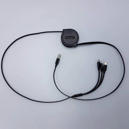 Универсальный зарядный кабель 3-в-1 USB Type-C - Lightning - MicroUSB с боксом для скрутки, 2А, 1 метр, черный
