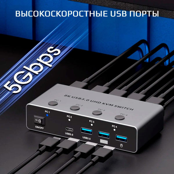 Адаптер - 4-х портовый KVM-переключатель HDMI v2.1 – 8K 60Гц, USB3.0, HDR, алюминий