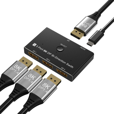 Переключатель-разветвитель (свитч-сплиттер) DisplayPort v1.4 – 3×1 Bi-Direction 8K 30Гц / 4K 144Гц, черный