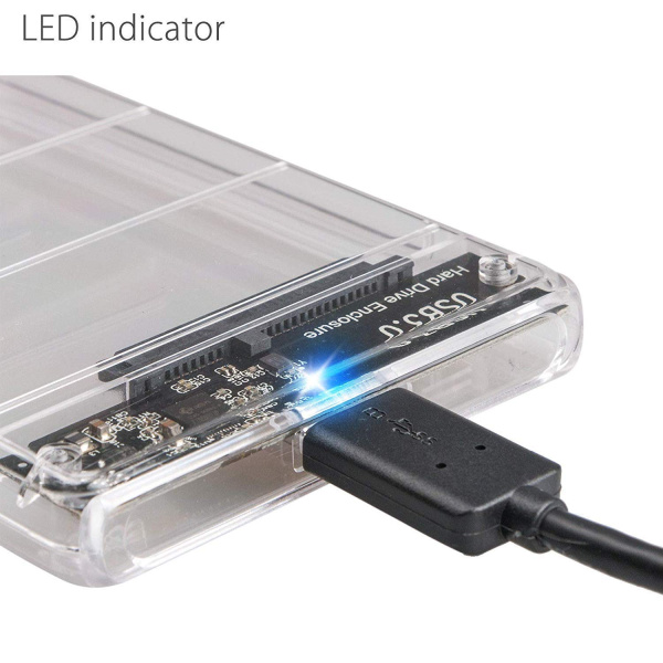 Внешний корпус - бокс SATA - MiniUSB - USB3.0 для жесткого диска SSD/HDD 2.5”, прозрачный