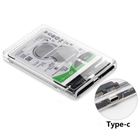 Внешний корпус - бокс SATA - USB3.1 Type-C - USB3.0 для жесткого диска SSD/HDD 2.5”, прозрачный