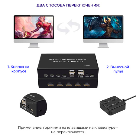 Адаптер - 4-х портовый KVM-переключатель HDMI2.0 4K60Гц USB2.0/USB-C, черный