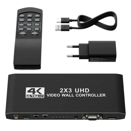Контроллер видеостены HDMI 4K UltraHD 2x3 до 6 экранов, RS232, SPDIF/Toslink, пульт ДУ