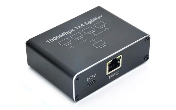 Cплиттер - разветвитель 1×4 RJ45 1000 Мбит/с, активный, черный