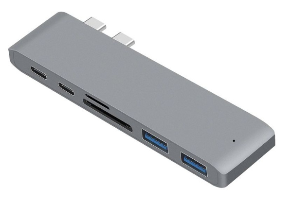 Адаптер - переходник - хаб 6in1 2x USB3.1 Type-C на 2x USB3.0 - 2x USB3.1 Type-C - картридер TF/SD, серый