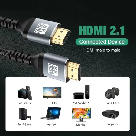 Кабель HDMI v2.1 Premium PRO UltraHD 8K 60Гц / 4K 120Гц, поддержка HDR, ARC, 48 Гбит/с, в оплетке, 1 метр