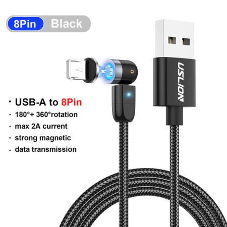 Поворотный зарядный магнитный USB кабель USLION, 1м, черный