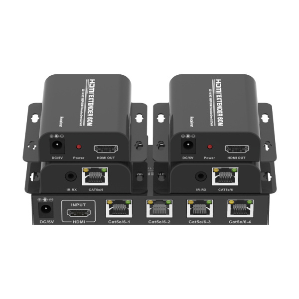 Разветвитель, сплиттер HDMI 1x4 FullHD 1080p до 60 метров - удлинитель сигнала по витой паре RJ45 UTP (LAN), ver.01, активный, комплект, черный