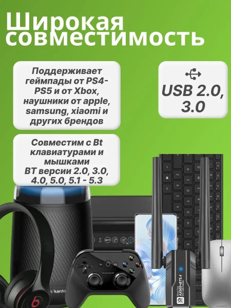 Адаптер USB Bluetooth v5.4 BT11, 2 антенны