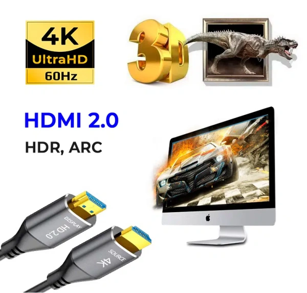 Кабель оптический HDMI v2.0 Optical UltraHD 4K 60Гц, поддержка HDR, ARC, 18 Гбит/с, 3 метра, черный