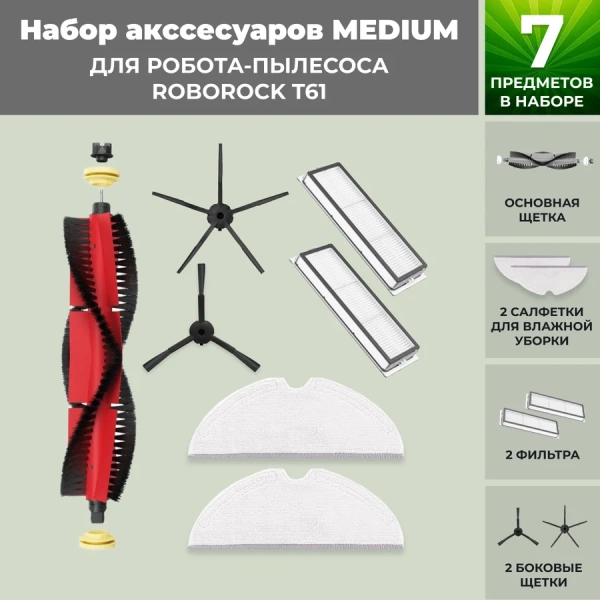 Набор аксессуаров Medium для робота-пылесоса Roborock T61, основная щетка с роликами, черные боковые щетки
