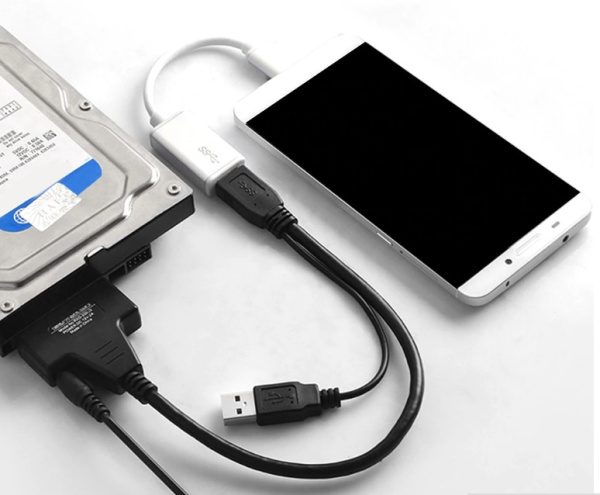 Адаптер - переходник - кабель SATA - 2x USB2.0 для жесткого диска SSD/HDD 2.5″/3.5″ с разъемом питания, черный