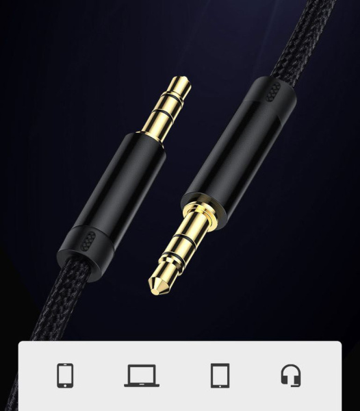 Кабель jack 3.5mm (AUX), папа-папа, 0,5 метра, ткань, черный