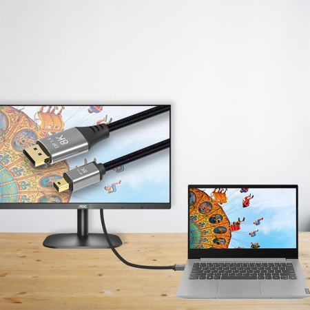 Кабель Mini DisplayPort v1.4 (mDP1.4) – DisplayPort v1.4 (DP1.4) – 8K 60Гц / 4K 144Гц, двунаправленный, оплетка, алюминий, 2 метра