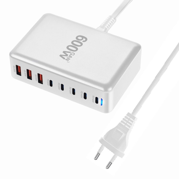 Настольное зарядное устройство - зарядная станция на 8 портов 600W USB-C / USB mod. 1006P200WW, быстрая зарядка, пластик, белый