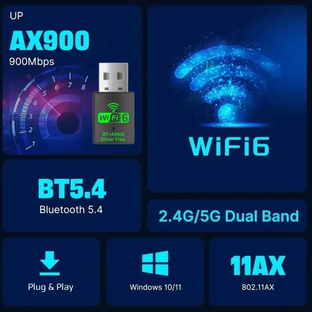Адаптер WIFI 6 - беспроводной Wi-Fi-приемник + Bluetooth 5.4 USB2.0 (Free Driver), два диапазона - 2.4GHz (до 2700 Мбит/с) / 5.8GHz (до 600 Мбит/с)