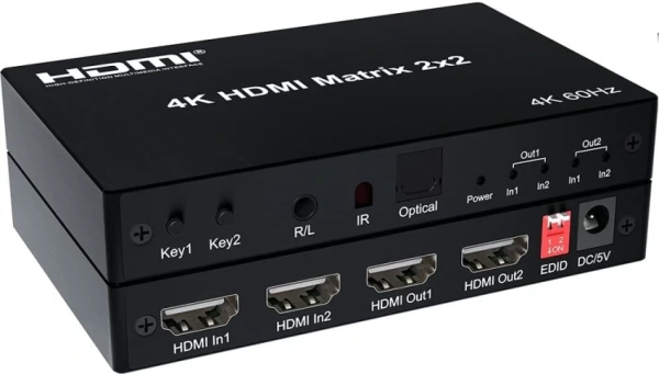 Матричный коммутатор - свитч-сплиттер 2×2 HDMI PRO, 4K 60HZ, оптика (Toslink/SPDIF), jack 3.5mm (AUX), пульт, черный