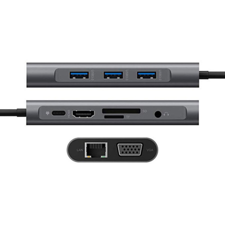 Адаптер - переходник - хаб 8in1 USB3.1 Type-C на HDMI - VGA - 3x USB3.0 - RJ45 (LAN) до 1000 Мбит/с - jack 3.5mm (AUX) - картридер SD, серый