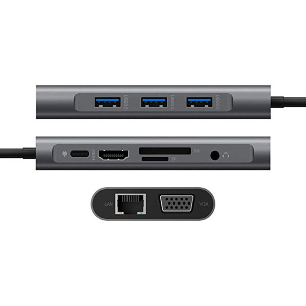 Адаптер - переходник - хаб 8in1 USB3.1 Type-C на HDMI - VGA - 3x USB3.0 - RJ45 (LAN) до 1000 Мбит/с - jack 3.5mm (AUX) - картридер SD, серый