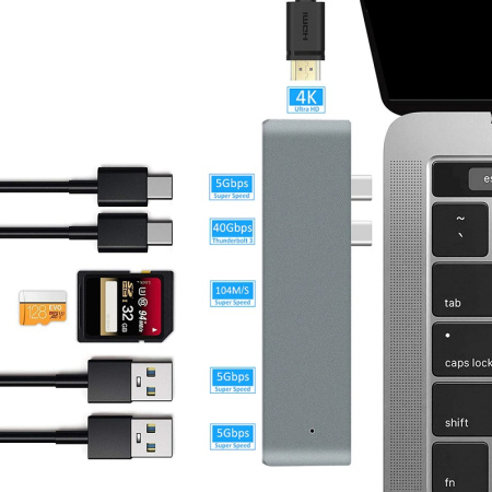 Адаптер - переходник - хаб 7in1 2x USB3.1 Type-C на HDMI - 2x USB3.0 - 2x USB3.1 Type-C - картридер TF/SD, серый
