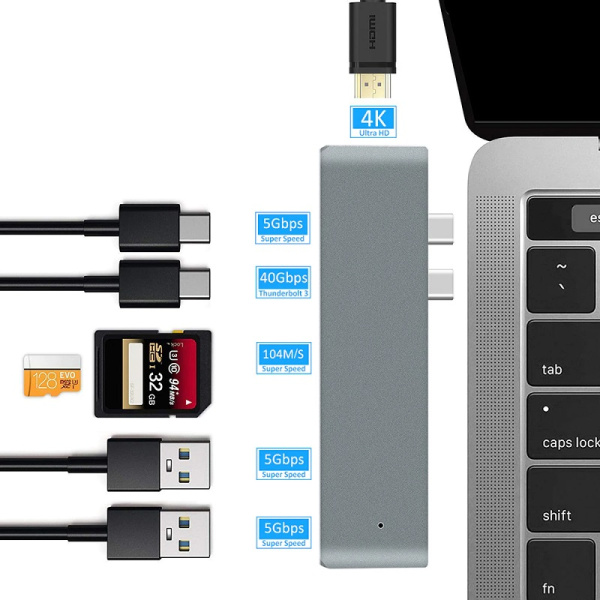 Адаптер - переходник - хаб 7in1 2x USB3.1 Type-C на HDMI - 2x USB3.0 - 2x USB3.1 Type-C - картридер TF/SD, серый